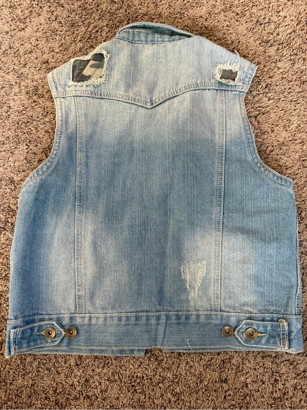 Distressed Light Blue Womens Denim Vest With Camo